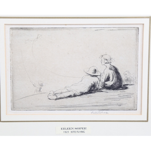 562 - Eileen Soper (1905 - 1990), etching, kite flying, signed in pencil, plate 9.5cm x 14.5cm, framed