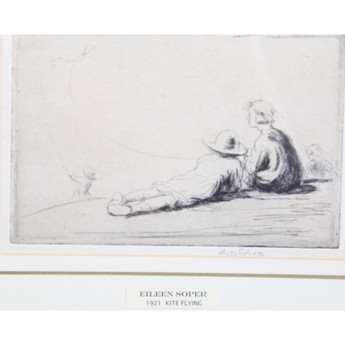 562 - Eileen Soper (1905 - 1990), etching, kite flying, signed in pencil, plate 9.5cm x 14.5cm, framed