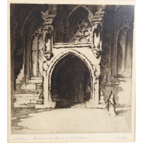 564 - St Mary's, the University Church of St Andrew's, etching, plate 22cm x 20cm, and A P Lawrence, water... 