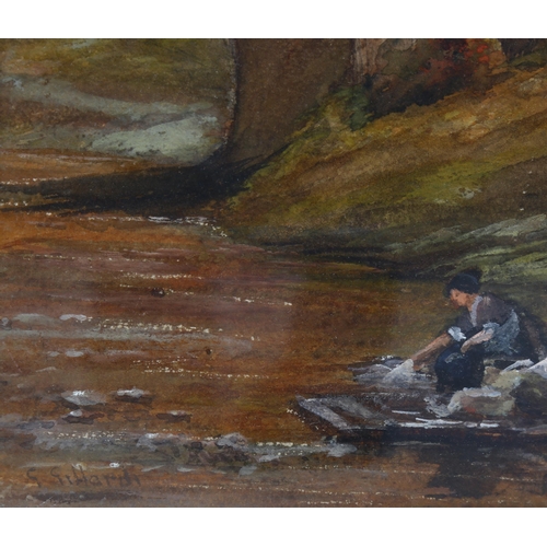 565 - G Gillardi, watercolour, washerwomen at the river, signed, 45cm x 29cm, framed