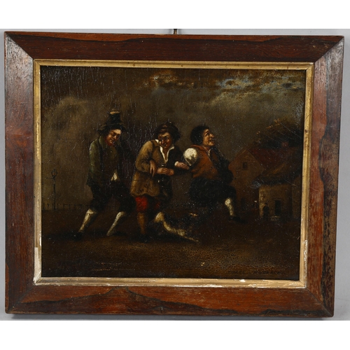 566 - 18th/19th century oil on panel, 3 drunkards, unsigned, 23cm x 29cm, framed