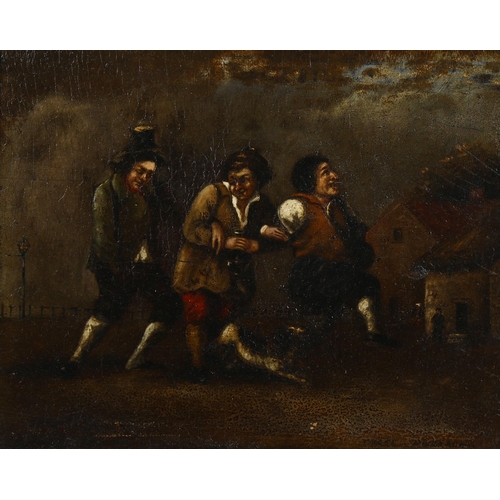 566 - 18th/19th century oil on panel, 3 drunkards, unsigned, 23cm x 29cm, framed