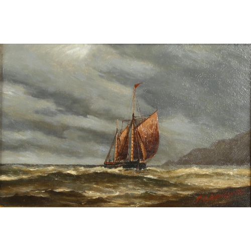 567 - Frederick James Aldridge, oil on canvas, fishing boat, signed, 15cm x 22cm, framed