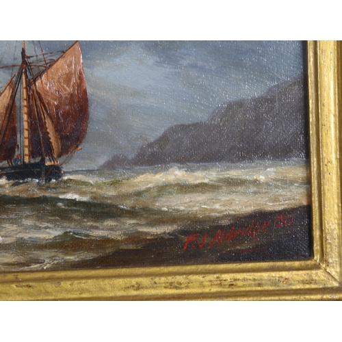 567 - Frederick James Aldridge, oil on canvas, fishing boat, signed, 15cm x 22cm, framed