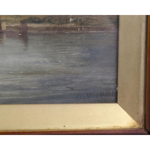 568 - Alfred Vickers, oil on canvas, view towards a windmill, signed, 20cm x 40cm, framed