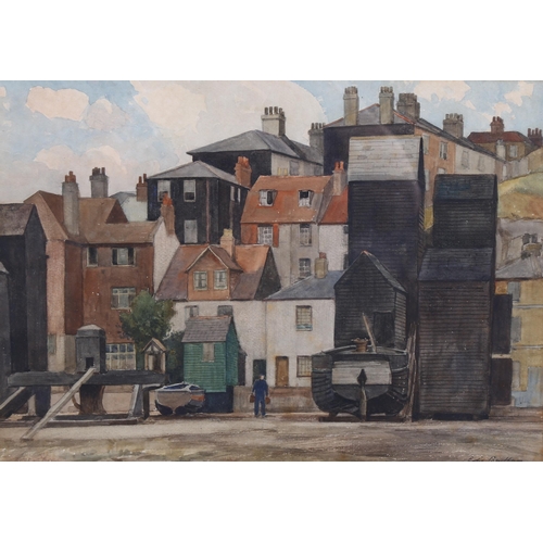 569 - Edward Leslie Badham, watercolour, Hastings net huts, signed, 26cm x 37cm, framed