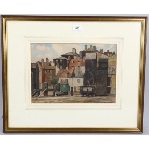 569 - Edward Leslie Badham, watercolour, Hastings net huts, signed, 26cm x 37cm, framed