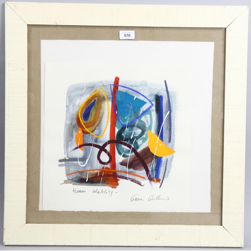 570 - Contemporary watercolour/gouache abstract on paper, Human Volatility, indistinctly signed in pencil,... 