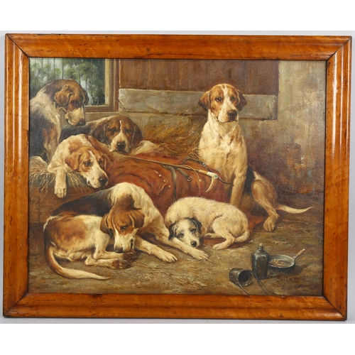 572 - Contemporary oil on board, after John Emms, hounds in the kennels, 60cm x 75cm, framed