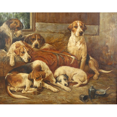 572 - Contemporary oil on board, after John Emms, hounds in the kennels, 60cm x 75cm, framed