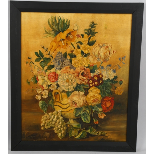 573 - Oil on canvas, still life, indistinctly signed, 65cm x 54cm, framed