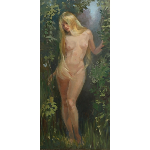 579 - Contemporary oil on canvas, nude in woodland, unsigned, 102cm x 50cm, framed