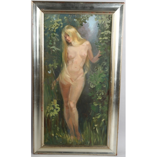 579 - Contemporary oil on canvas, nude in woodland, unsigned, 102cm x 50cm, framed