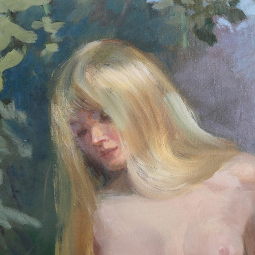 579 - Contemporary oil on canvas, nude in woodland, unsigned, 102cm x 50cm, framed