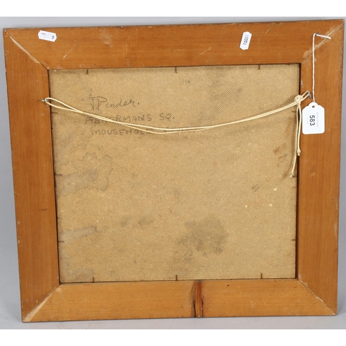 583 - J Pinder, oil on board, Mousehole harbour, inscribed verso, 33cm x 36cm, framed