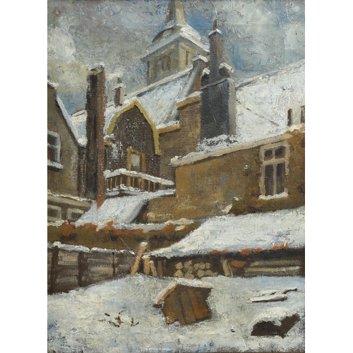 584 - Late 19th/early 20th century oil on canvas, snow covered buildings, unsigned, 40cm x 28cm, framed