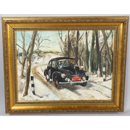 585 - Dion Pears (1929 - 1985), oil on board, Jowett Javelin Rally Car, circa 1950, signed, 38cm x 50cm, f... 