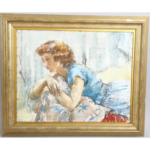 586 - Eileen Robey (born 1902), oil on canvas, girl in a blue dress, signed, 40cm x 50cm, framed