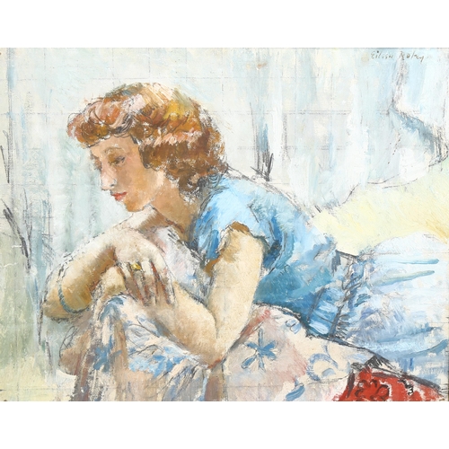 586 - Eileen Robey (born 1902), oil on canvas, girl in a blue dress, signed, 40cm x 50cm, framed