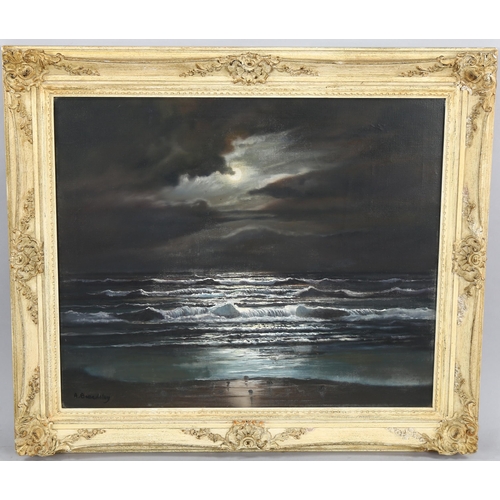 588 - Arnold Beardsley (born 1915), oil on canvas, moonlit shore scene, signed, 50cm x 60cm, framed