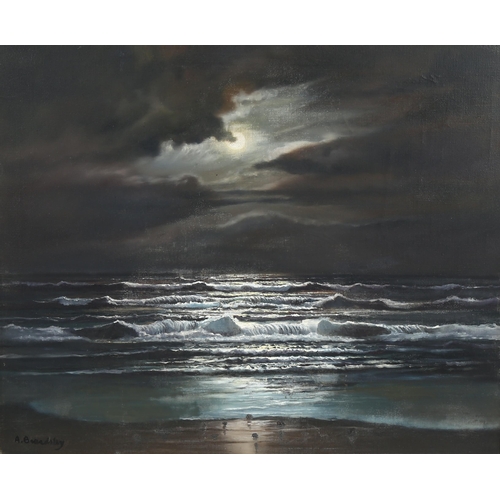 588 - Arnold Beardsley (born 1915), oil on canvas, moonlit shore scene, signed, 50cm x 60cm, framed