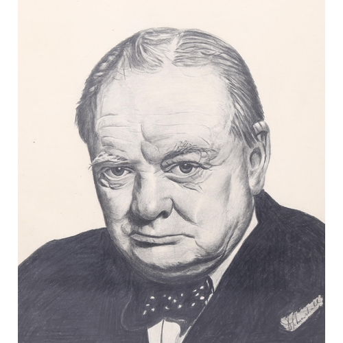 589 - Mid-20th century charcoal/pencil portrait of Winston Churchill, indistinctly signed, 36cm x 26cm, fr... 