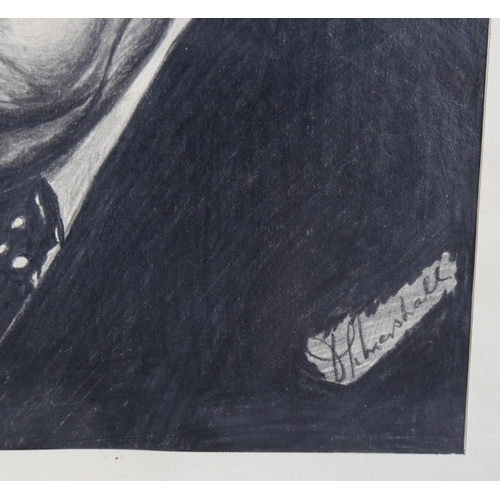 589 - Mid-20th century charcoal/pencil portrait of Winston Churchill, indistinctly signed, 36cm x 26cm, fr... 