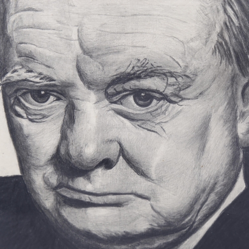 589 - Mid-20th century charcoal/pencil portrait of Winston Churchill, indistinctly signed, 36cm x 26cm, fr... 