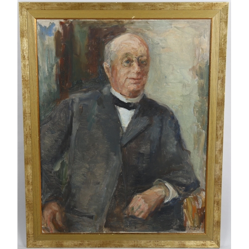 591 - Agnes Hiorth, oil on canvas, portrait of a man, signed and dated 1932?, 90cm x 70cm, framed