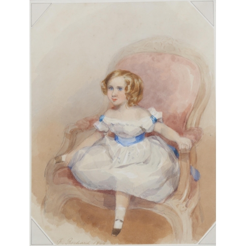 594 - Francois Rochard NWS (1798 - 1858), watercolour, young girl in a chair, signed and dated 1844, 25cm ... 