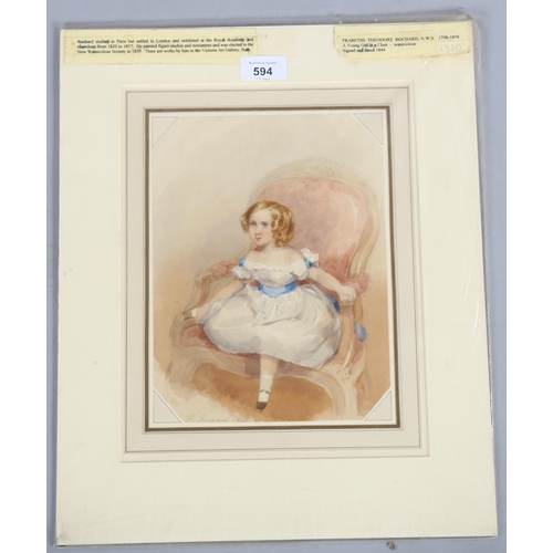 594 - Francois Rochard NWS (1798 - 1858), watercolour, young girl in a chair, signed and dated 1844, 25cm ... 