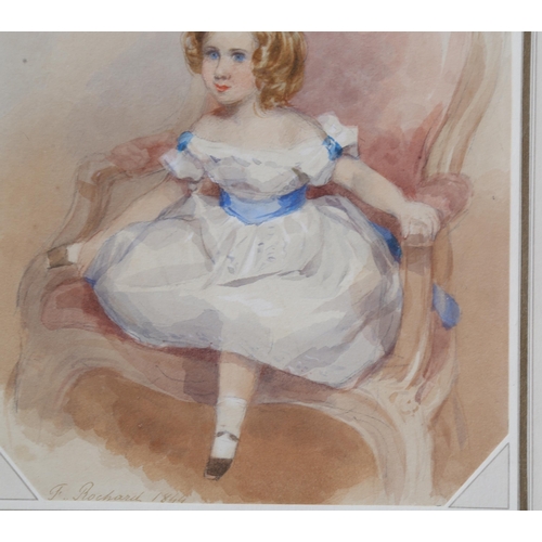 594 - Francois Rochard NWS (1798 - 1858), watercolour, young girl in a chair, signed and dated 1844, 25cm ... 