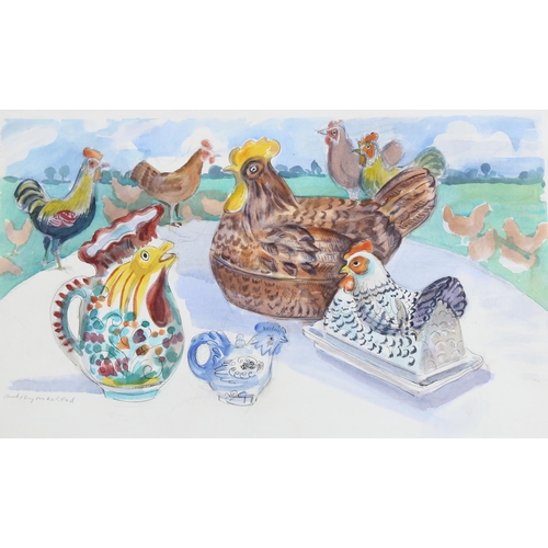 603 - Audrey Macleod (born 1936), watercolour, hens, signed, 34cm x 57cm, mounted