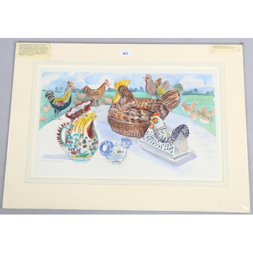 603 - Audrey Macleod (born 1936), watercolour, hens, signed, 34cm x 57cm, mounted