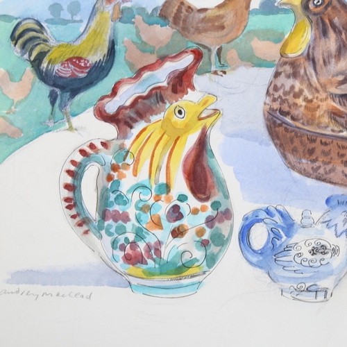 603 - Audrey Macleod (born 1936), watercolour, hens, signed, 34cm x 57cm, mounted