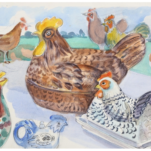 603 - Audrey Macleod (born 1936), watercolour, hens, signed, 34cm x 57cm, mounted