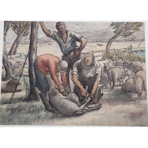 604 - Hubert Finney ARCA (1905 - 1991), watercolour, sheep shearing, signed, 34cm x 46cm, framed