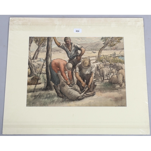 604 - Hubert Finney ARCA (1905 - 1991), watercolour, sheep shearing, signed, 34cm x 46cm, framed