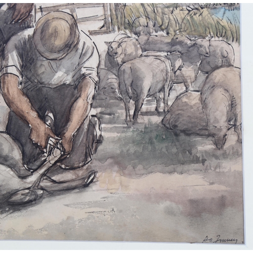 604 - Hubert Finney ARCA (1905 - 1991), watercolour, sheep shearing, signed, 34cm x 46cm, framed