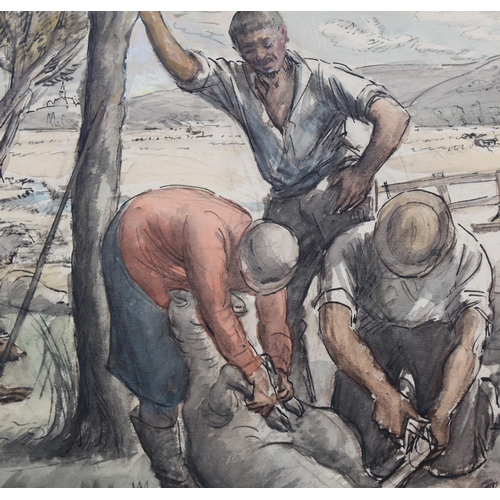 604 - Hubert Finney ARCA (1905 - 1991), watercolour, sheep shearing, signed, 34cm x 46cm, framed