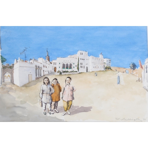 606 - Charles Newington (born 1950), watercolour, schoolgirls Tangiers, signed and dated '84, 29cm x 44cm,... 