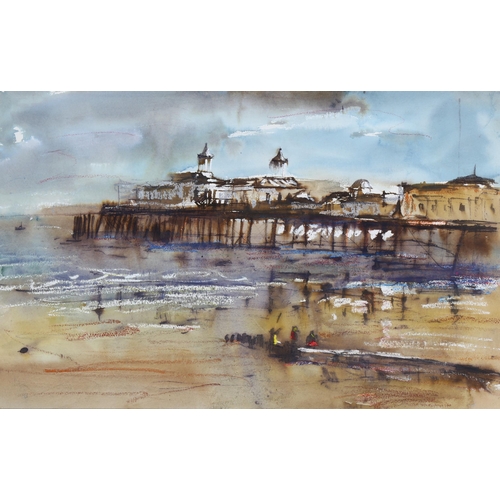 607 - Impressionist watercolour, Sussex pier, unsigned, 34cm x 54cm, mounted