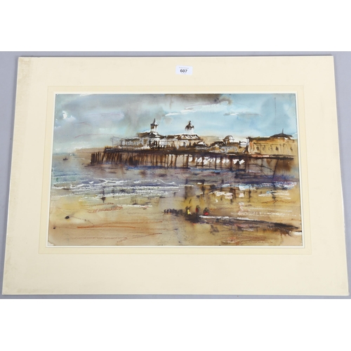 607 - Impressionist watercolour, Sussex pier, unsigned, 34cm x 54cm, mounted