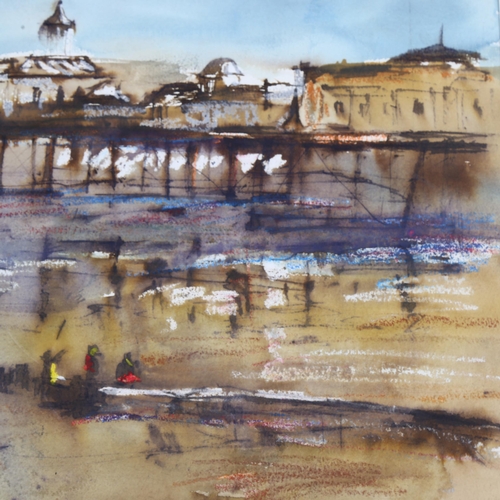 607 - Impressionist watercolour, Sussex pier, unsigned, 34cm x 54cm, mounted