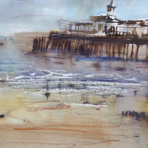 607 - Impressionist watercolour, Sussex pier, unsigned, 34cm x 54cm, mounted