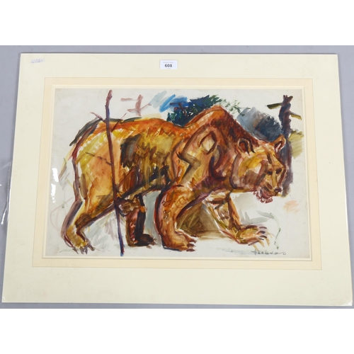 608 - Henry Saunders, watercolour, grizzly bear, signed, 36cm x 54cm, mounted