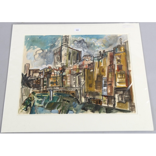 609 - Henry Saunders, watercolour, industrial scene, signed and dated 1962, 50cm x 65cm, mounted