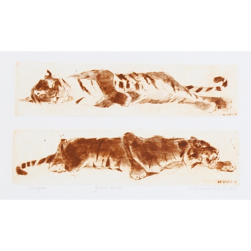 610 - Irene Makoveva, 3 coloured etchings, wildlife, mounted (3)