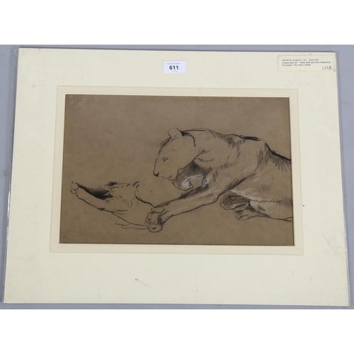 611 - Arthur Wardle (1864 - 1949), charcoal/chalk on brown paper, lioness and cub, 25cm x 38cm, mounted