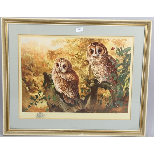 615 - Arthur Spencer Roberts, colour print, Barn owls, signed in pencil with remarque, image 43cm x 60cm, ... 